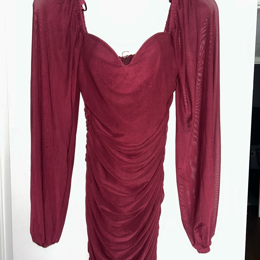 Windsor Red Ruched Bodycon Dress with Bishop Sleeves
